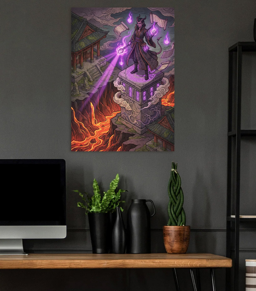 Sorcerer Casting Magic Over Battlefield — metal poster wall art by Lineer